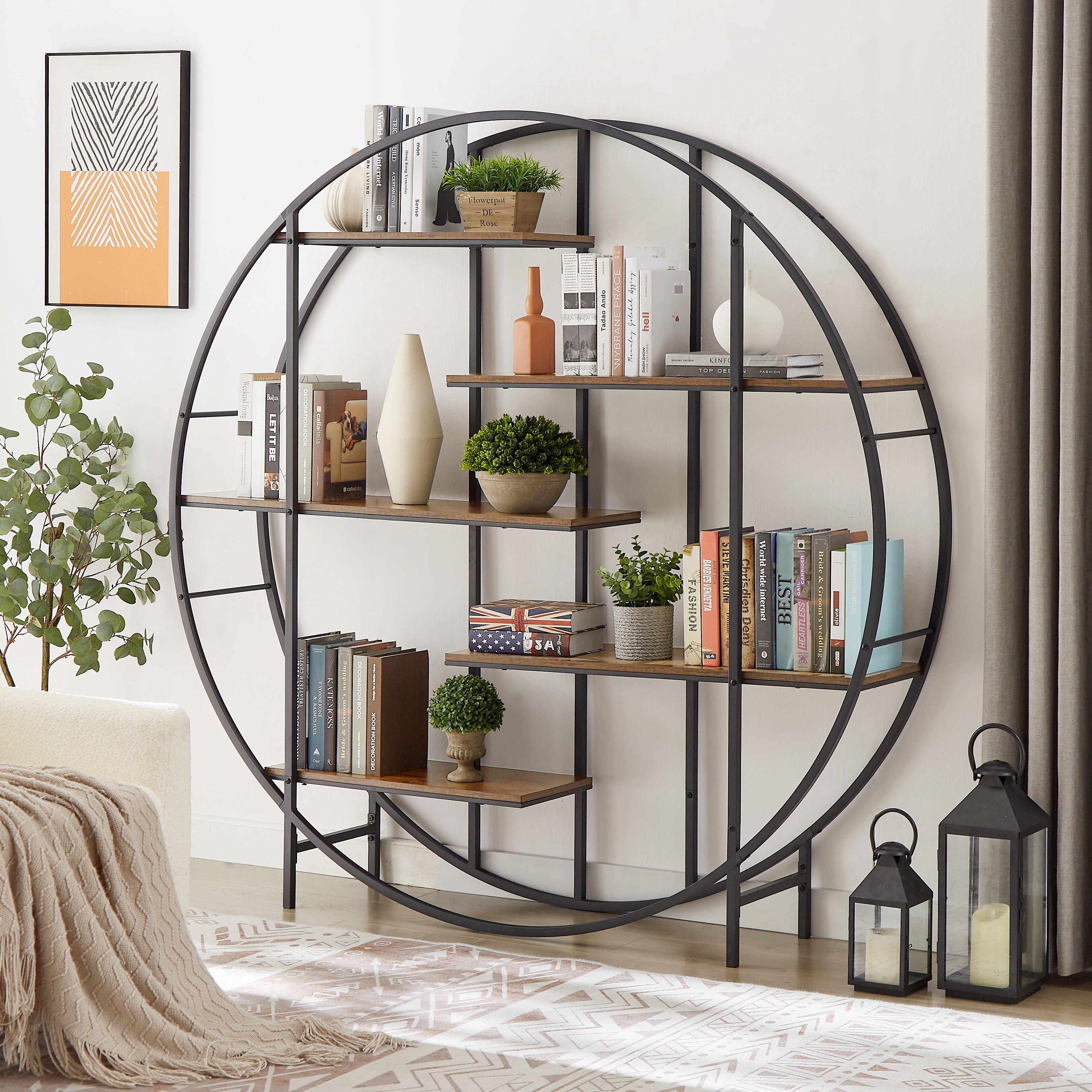 Paproos Black Metal Bookshelf, 5-Tier Round Open Bookcase Large Display ...