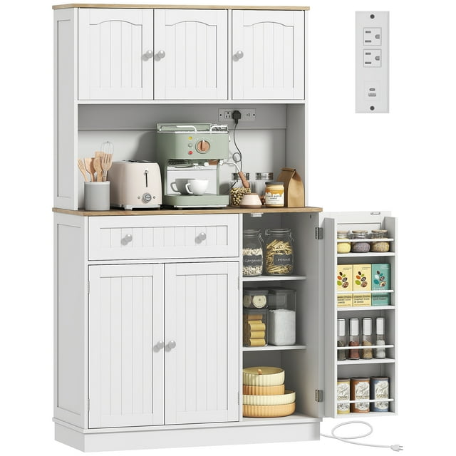 HOMCOM Armoire de Garde-Manger 68 Pouces, Armoire de Cuisine avec Station de Recharge, Blanc