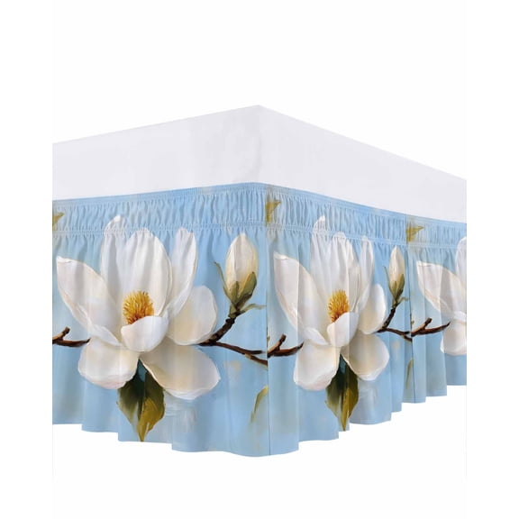 White Floral Ruffle Bed Skirt California King Size Magnolia Leaf Plant Adjustable Elastic Dust Bed Skirts Wrap Around Bedskirt Wrinkle Free Easy Fit with 18 Inch Drop
