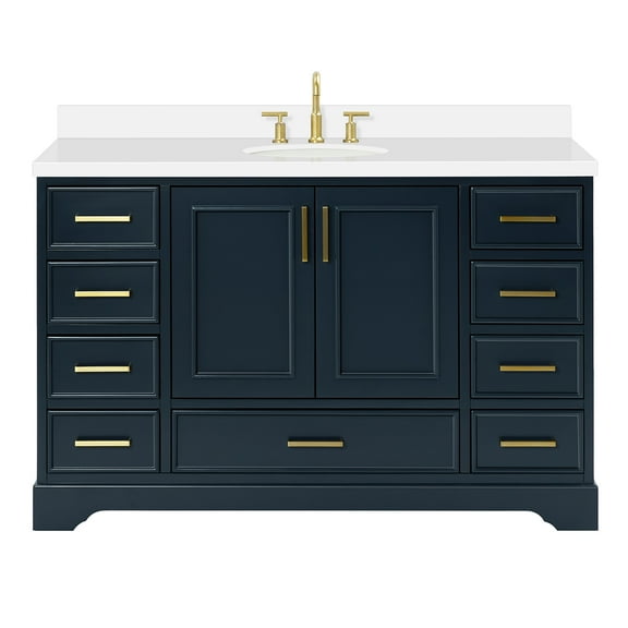 Ariel Stafford 55 Inch Single Oval Sink Vanity With White Quartz Countertop W/1.5" Edge In Midnight Blue