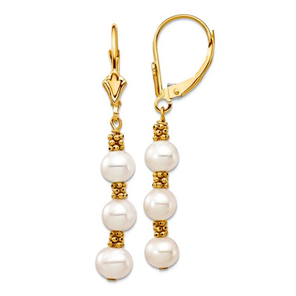 14k Solid Gold 5-6mm White Semi-round Freshwater Cultured Pearl Leverback Earrings 41.45mm long Stud Earring for Women