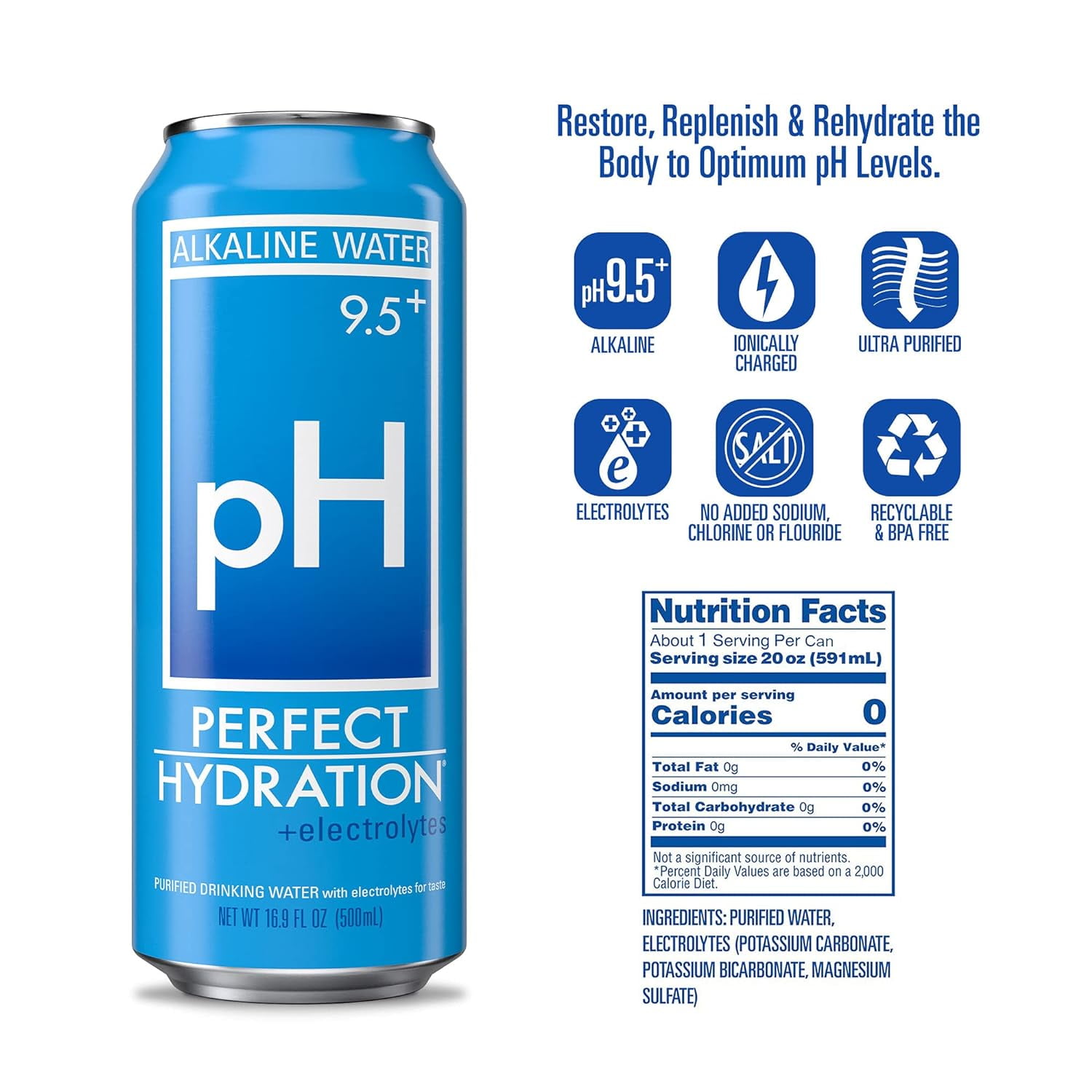 Perfect Hydration 9.5+ ph Alkaline Water, Electrolyte Minerals for Taste, 16.9 oz Recyclable Aluminum Cans, Pack of 24