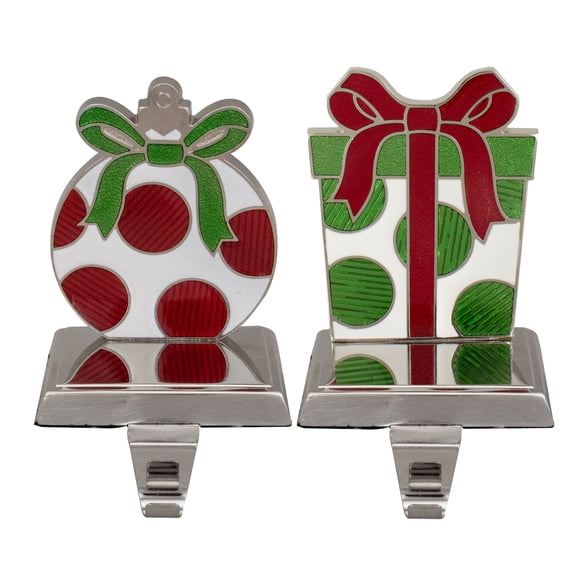 Gift Box Christmas Stocking Holders - 5.5" - Green Red and Silver - Set of 2