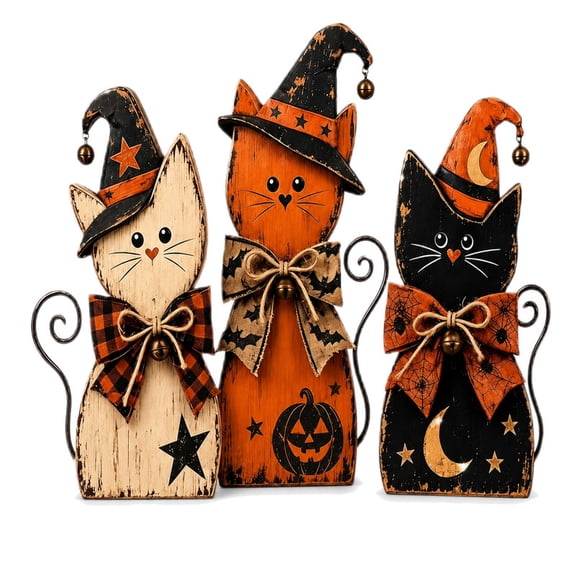 3Piece Vintage Halloween Decor, Wooden Witch Cat Tabletop Figurine Set,Tabletop Figurines Decorations, for Mantel Shelf Entryway and Coffee Bar