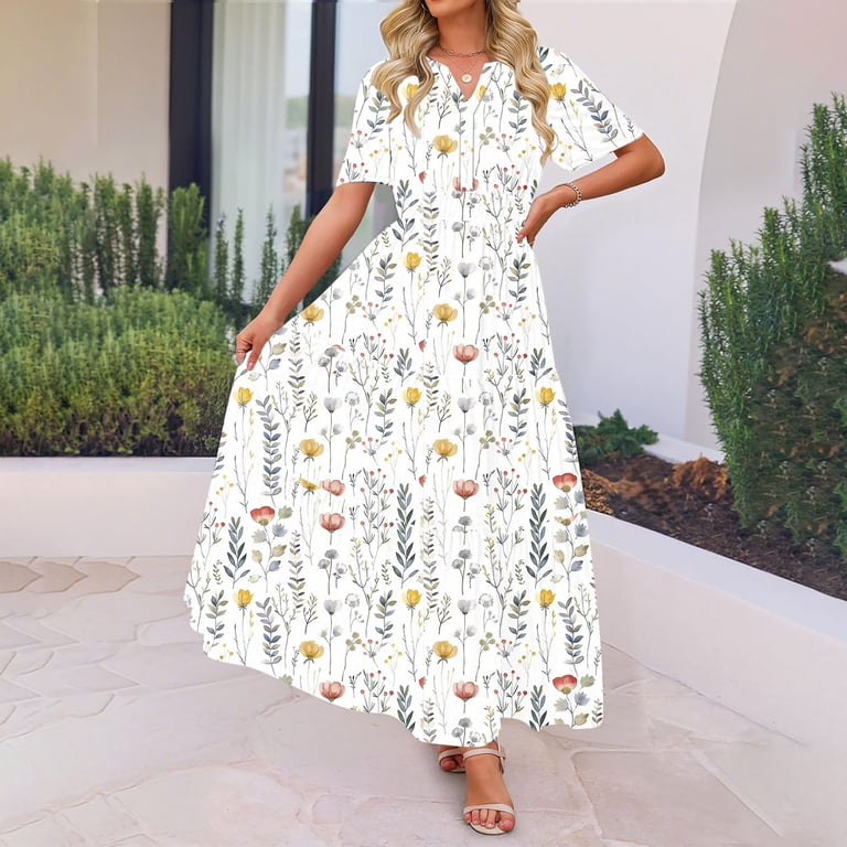 Fmbrln Womens Summer Boho Long Dress Fashion Short Sleeve V Neck Pleated Flowy A Line Dress Casual Loose Print Vacation Sundress, Women's, Size: