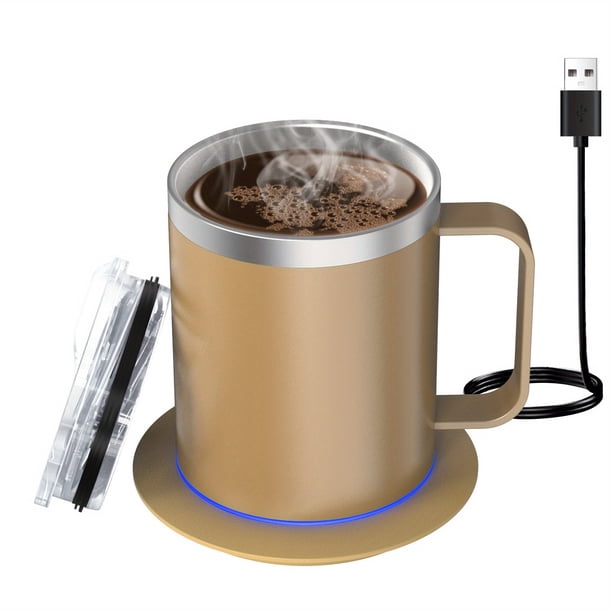 Juego Calentador Eléctrico de Tazas de Café | Taza de Acero Inoxidable con Base de Calentamiento y Tapa, Inteligente para Calentar Leche,