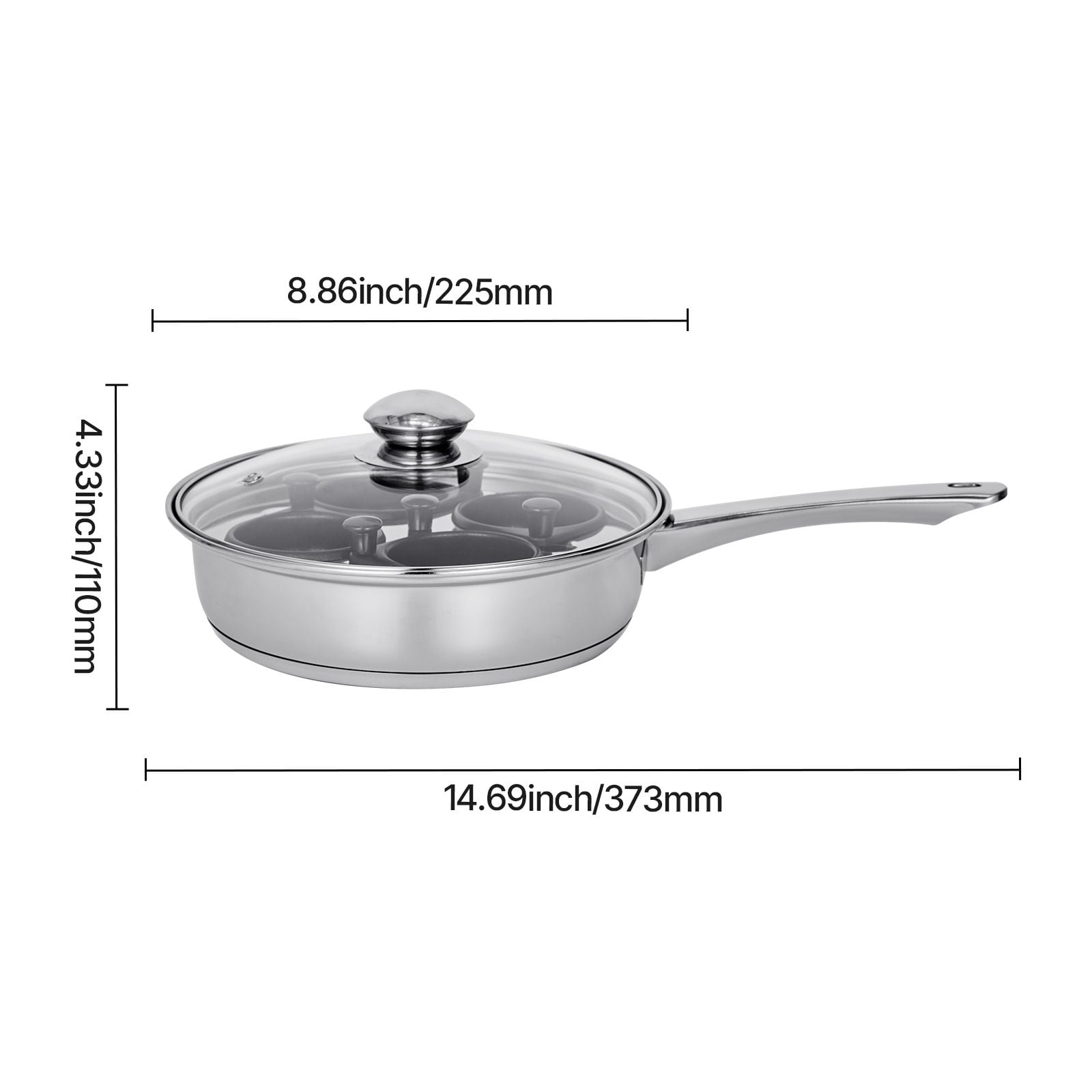 Egg Poacher Pan, 4-Cup Nonstick with 60ml Cups, Stainless Steel Base, Tempered Glass Lid, Compatible with Gas Electric Induction, Multi-Functional as 8" Skillet