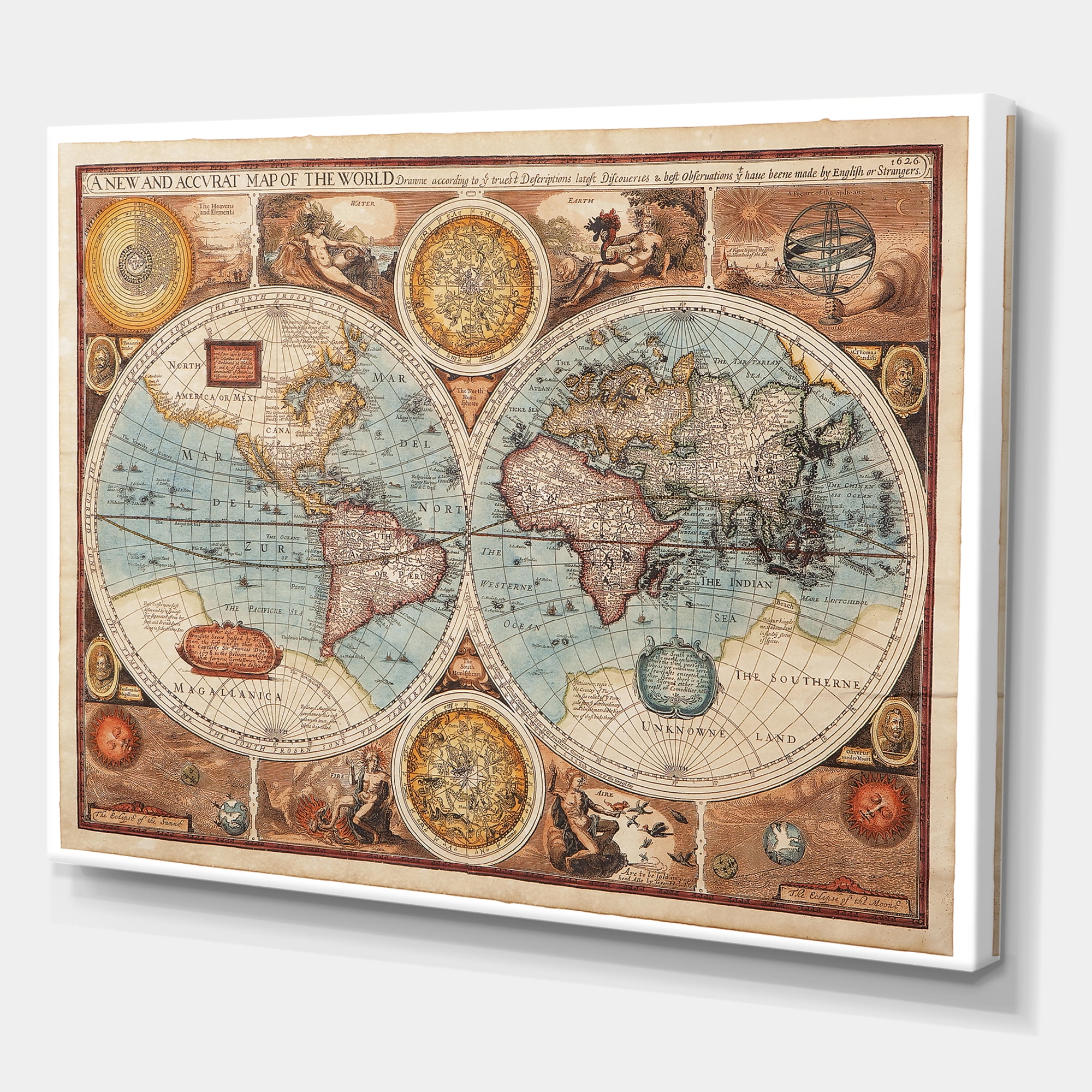 Vintage Map of The World VIII 32 in x 16 in Painting Canvas Art Print, by Designart