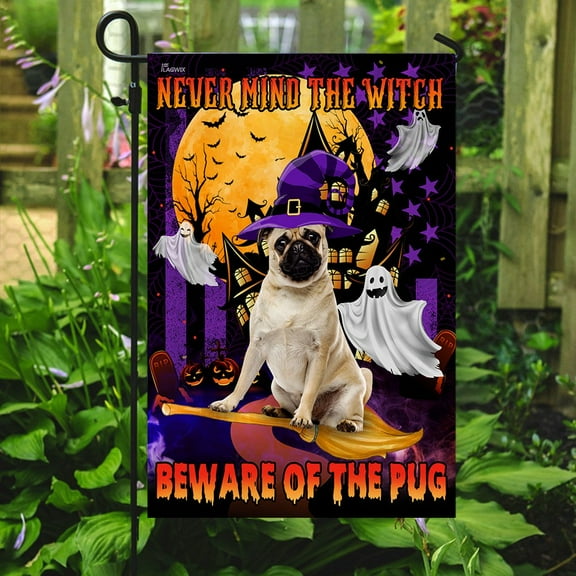 Flagwix Halloween Flag, Never Mind The Witch Beware Of The Pug Halloween Decoration, Fall Decor, Canvas Double-sided Printed 12x18 Garden Flag