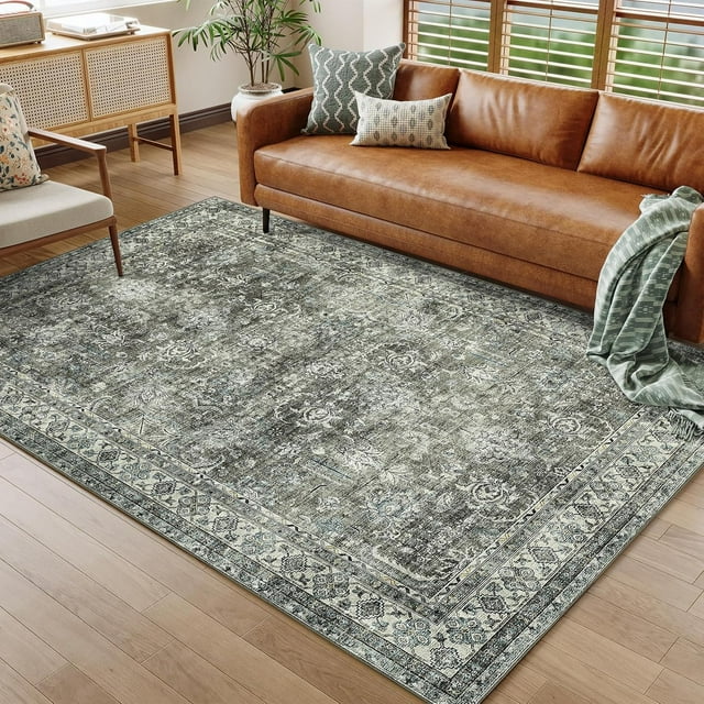 YUSAZENS 4x6 Vintage Washable Area Rug, Non-Slip Farmhouse Boho Geometric Bedroom Decor, Soft Office Carpet, Brown-Green
