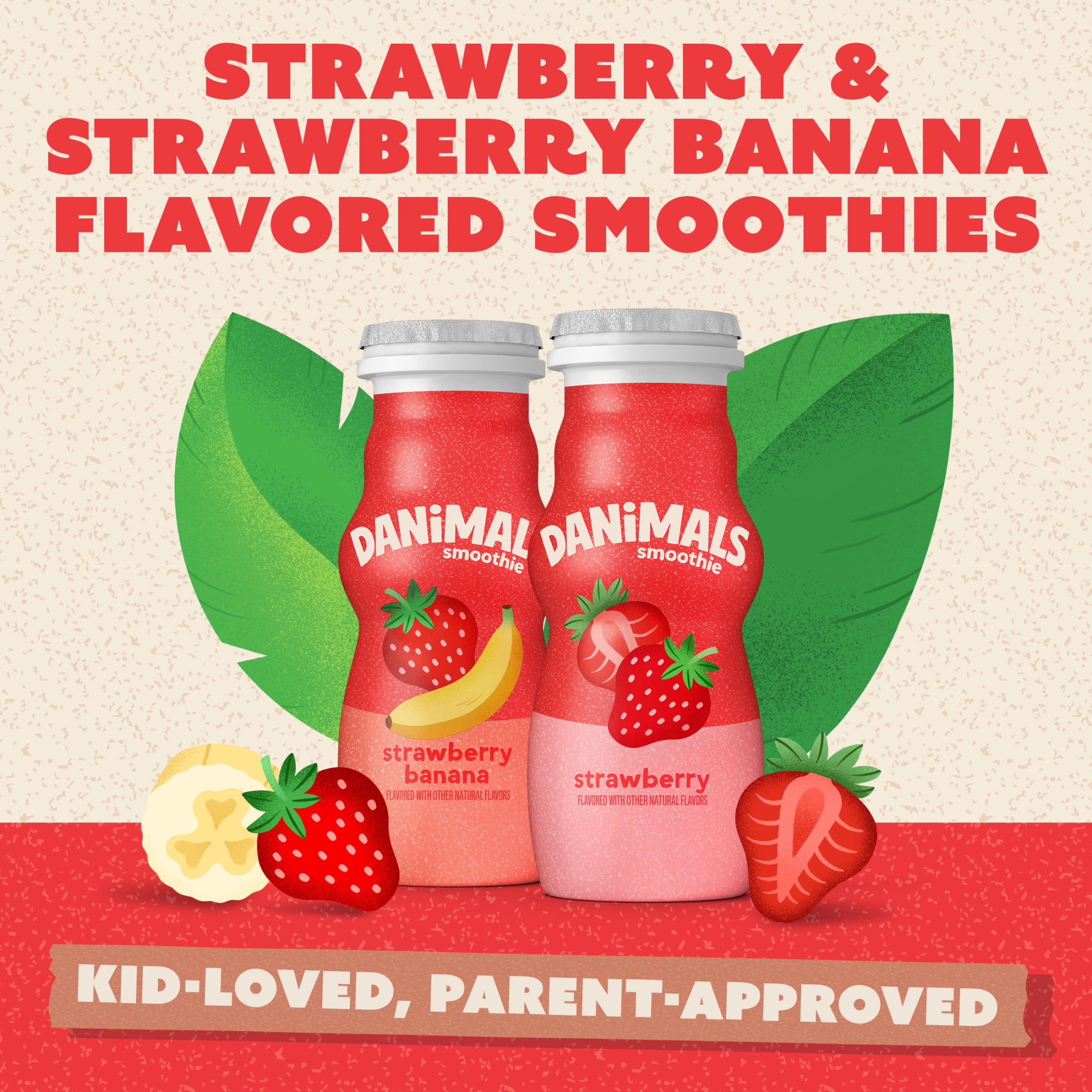 Danimals Smoothie Strawberry and Strawberry Banana Low Fat Dairy Drink Smoothie Bottles, Multi-Pack, 3.1 fl oz, 18 Count​