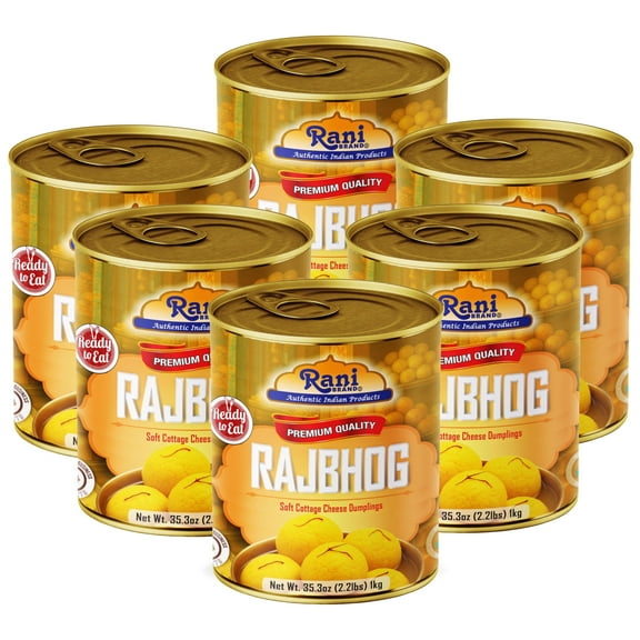 Rani Rajbhog (Soft Cottage Cheese Dumplings) 35.3oz (2.2lbs) 1kg, Pack of 6, Approximately 14 pieces, Easy Open Lid ~ Ready to eat | All Natural | Gluten Free | Non-GMO | Kosher | Indian Origin