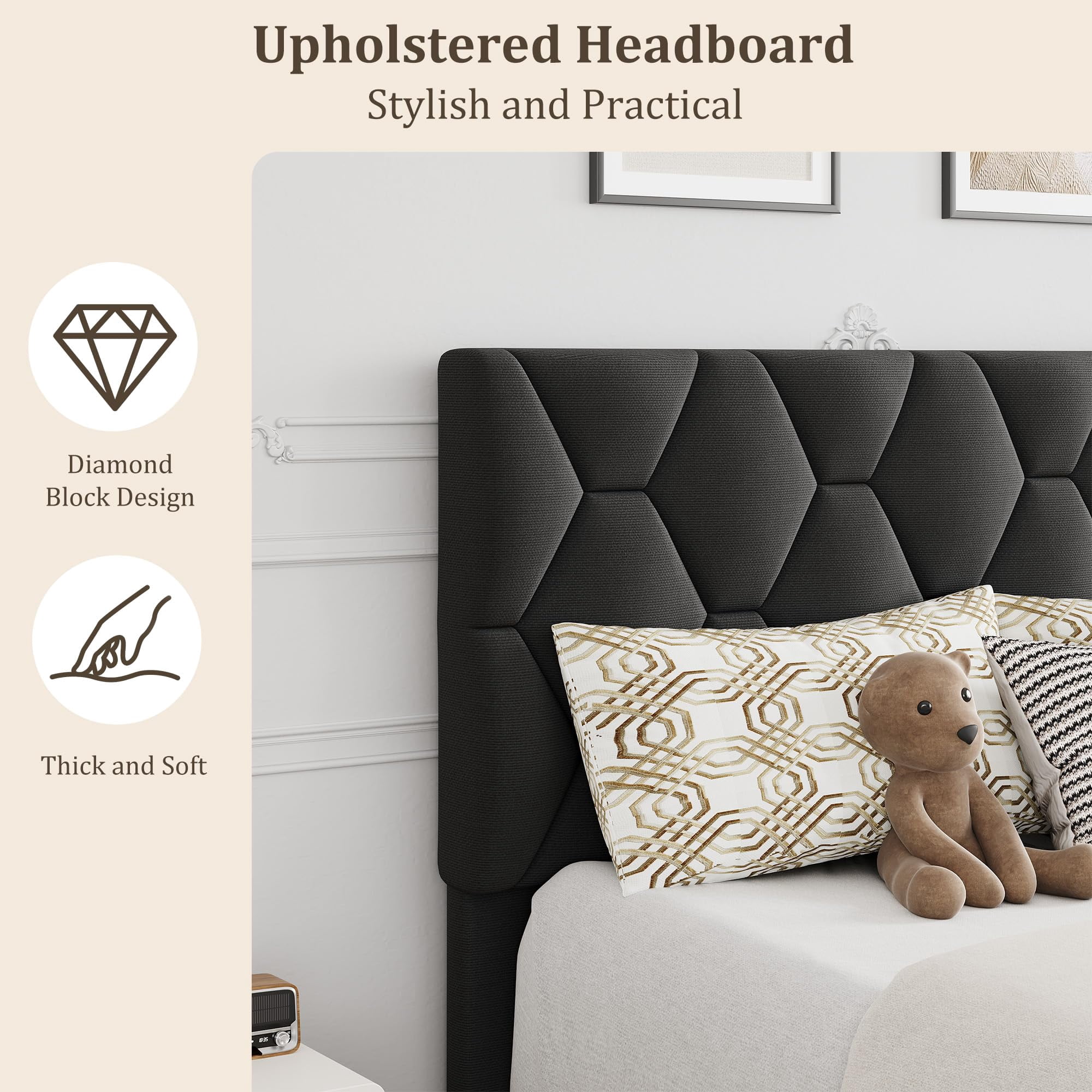Velvet Upholstered Platform Bed Frame with Headboard, Queen Size Bed with Wooden Slats Support, No Box Spring Needed & Easy Assembly