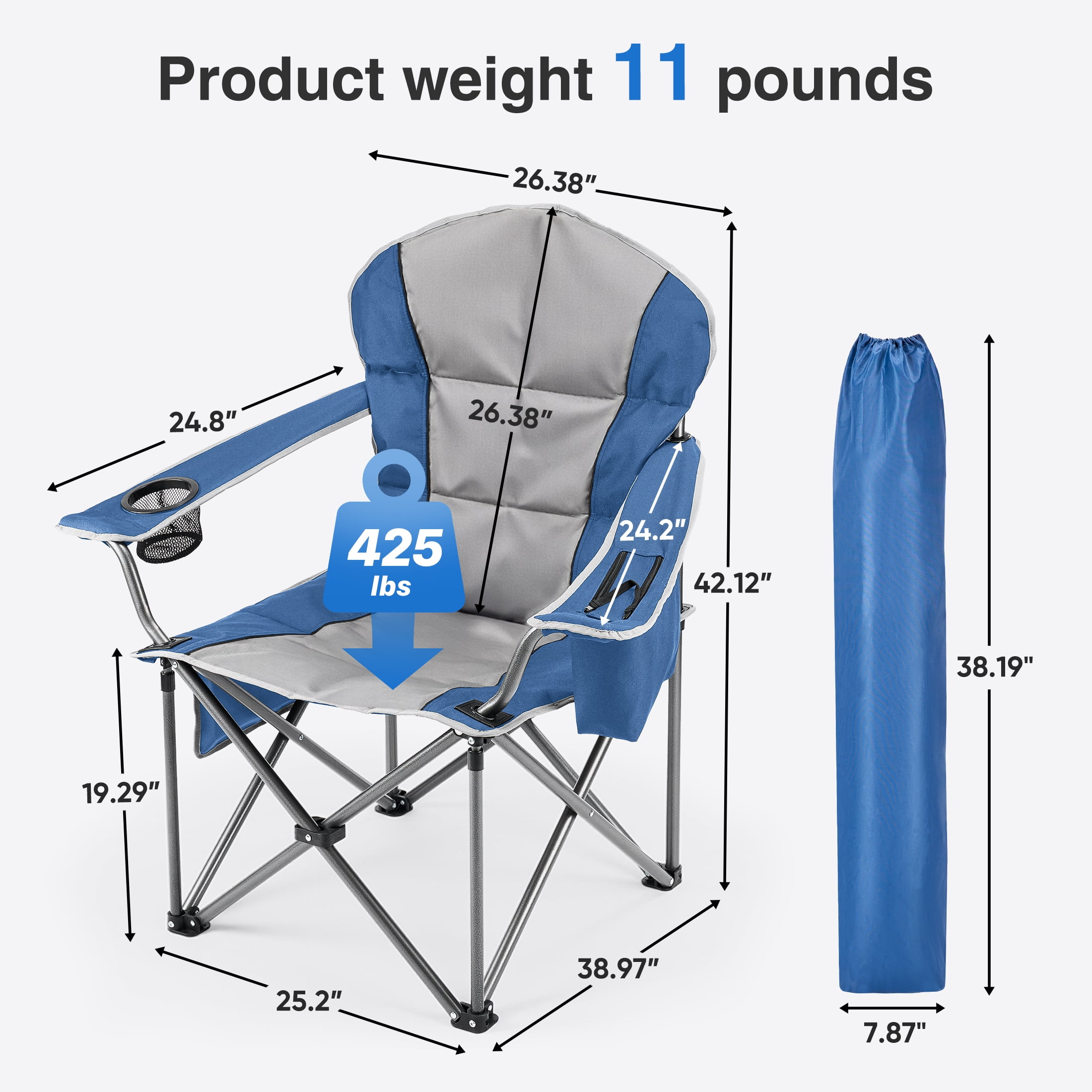 GIANNA Heavy-Duty Outdoor Folding Chair – Oversized Comfort with 300-500 lbs Support, Cushioned Back & Arms, Collapsible Design with Cup Holder for Camping, Sports & Backyard Relaxing