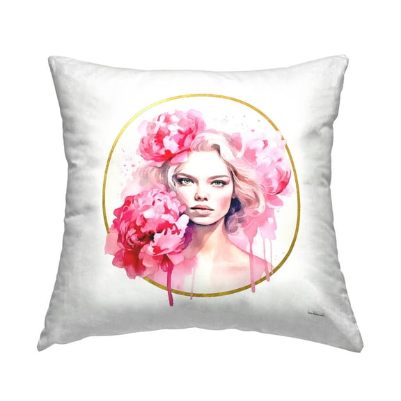 Stupell Industries Girl with Pink Peonies Square Decorative Printed Throw Pillow, 18 x 18