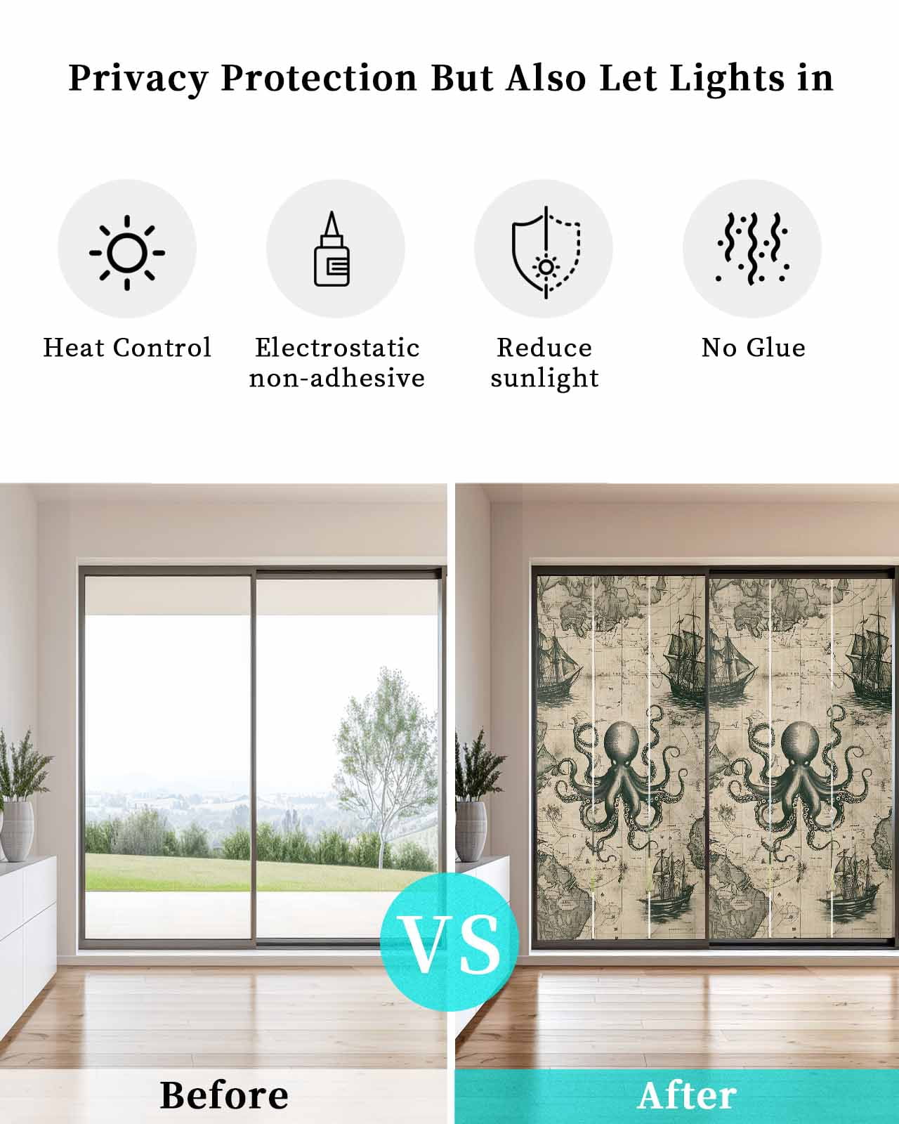 Window Privacy Film Medieval Octopus Stained Glass Window Film Decorative Sun Block Window Cover Vintage Nautical Boat Retro Map Window Clings Static Adhesive Sticker for Bathroom 35.4"x78.7"