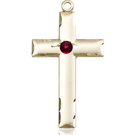 14kt Yellow Gold Cross Medal with 3mm January Red Swarovski Crystal 1 1/8 x 5/8 inches