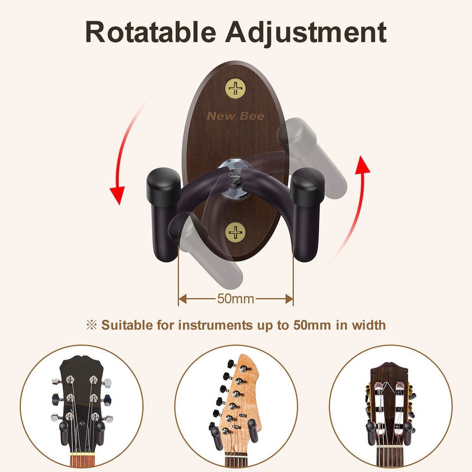 New Bee 2PC Guitar Wall Mount - Sturdy Wood Base & Metal Hook, High Weight Capacity, Anti-Slip V-Shape, Rotatable Adjustable with Soft Rubber - Fits Ukulele/Bass/Mandolin/Banjo (All Sizes)