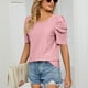 thumbnail image 4 of Blusa de manga corta para mujer, cuello redondo, manga plisada, patrón liso, elegante, versátil, camisa informal de verano, rosa, XL, 4 of 8