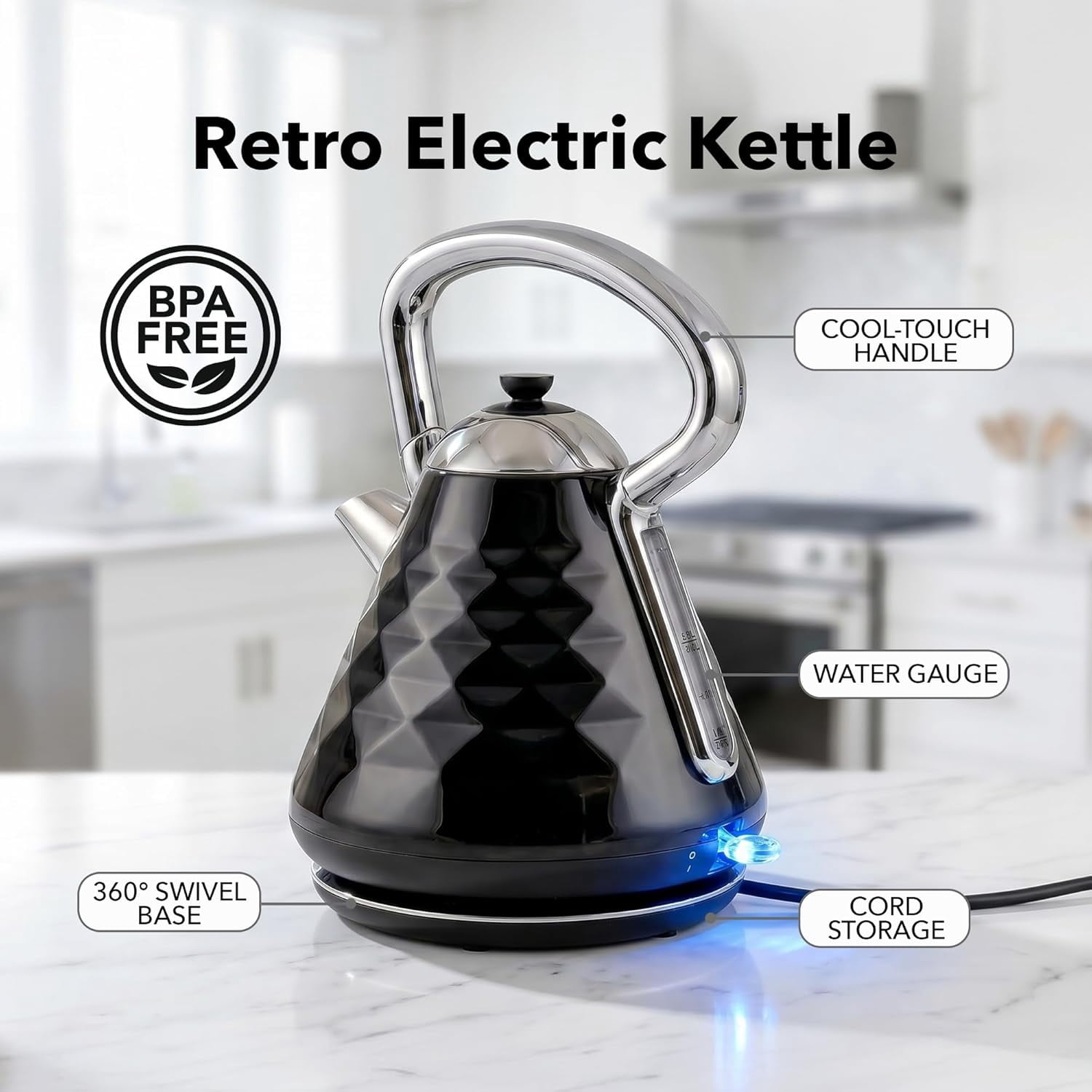 OVENTE Retro Electric Kettle, 1.7L Stainless Steel Tea Kettle, 1500W Fast Heating Hot Water Boiler with LED Indicator Light, Auto Shut-Off & Boil-Dry Protection, BPA-Free Teapot, Black KS755B