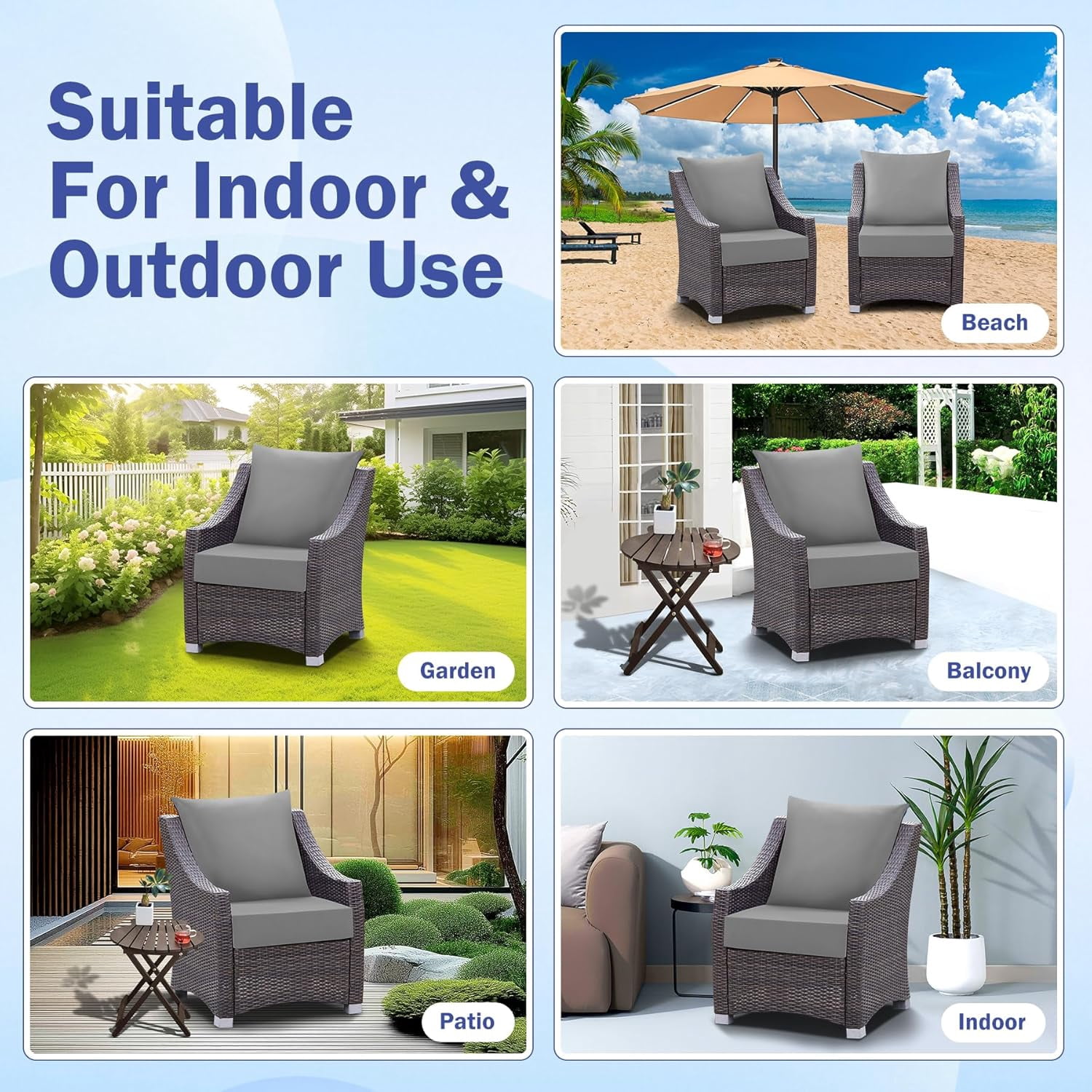 Outdoor Seat Cushion Set, Waterproof & Fade Resistant Patio Chair Cushions, Outdoors Cushion for Patio Furniture, 24 x 24 x 5.75 Inch, Outdoor Couch Cushions with Handle and Ties, Grey
