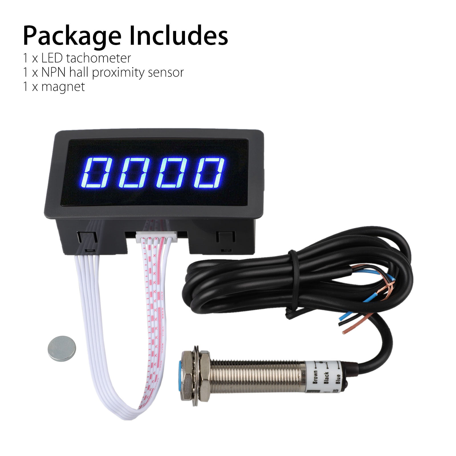 Tachometer 4 Digital LED Tach RPM Speed Meter With Hall Proximity Switch Sensor 