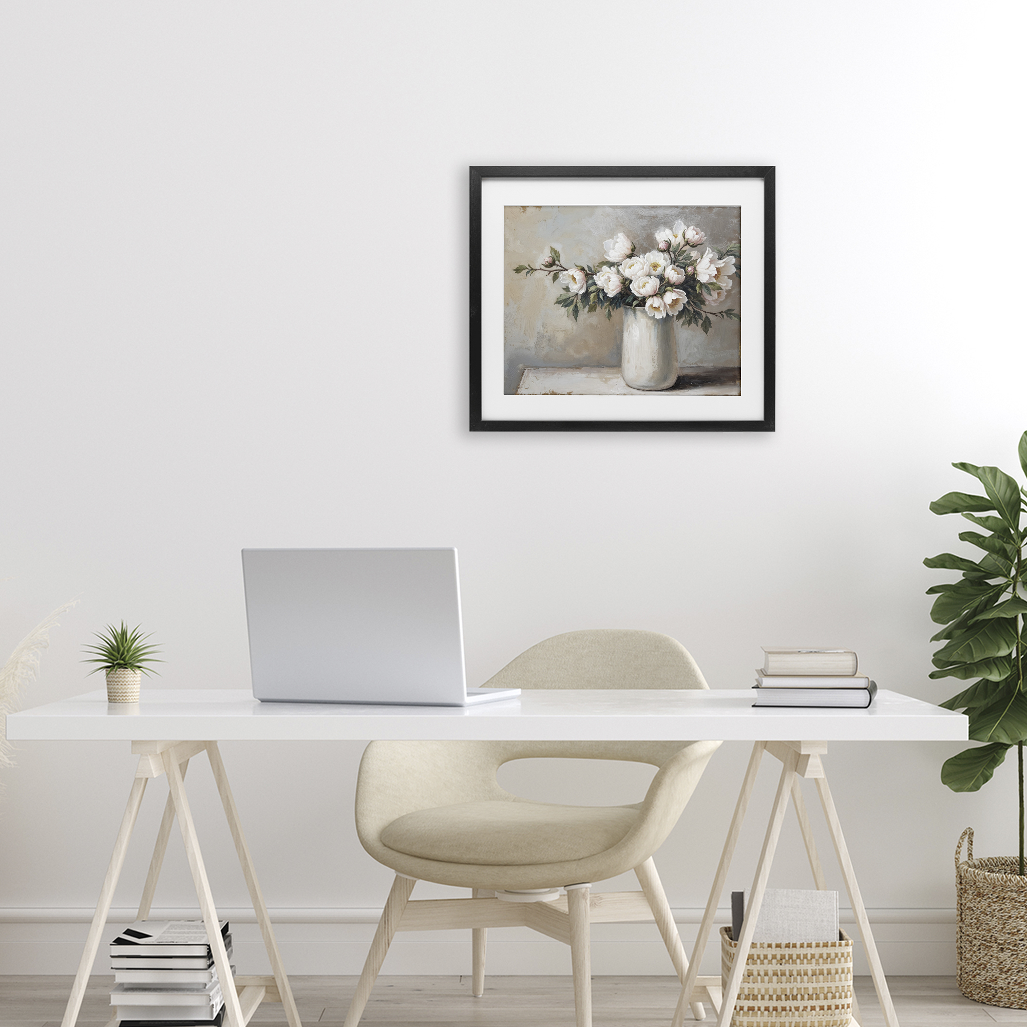 White Flowers in Vase Still Life Black Framed Print Under Glass, design by Lettered and Lined