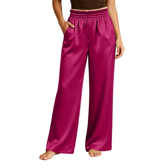 CHGBMOK Plus Size Women's Satin Pants Ruffled Waistband Wide Leg Pants High and Elastic Waist Trousers with Pockets