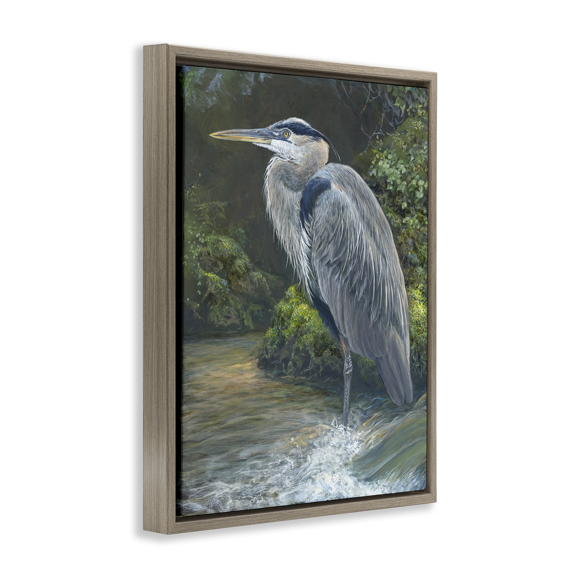 Stupell Industries Blue Heron at Water's Edge Animals Painting Brown Floater Framed Canvas Art Print Wall Art, 17 x 21