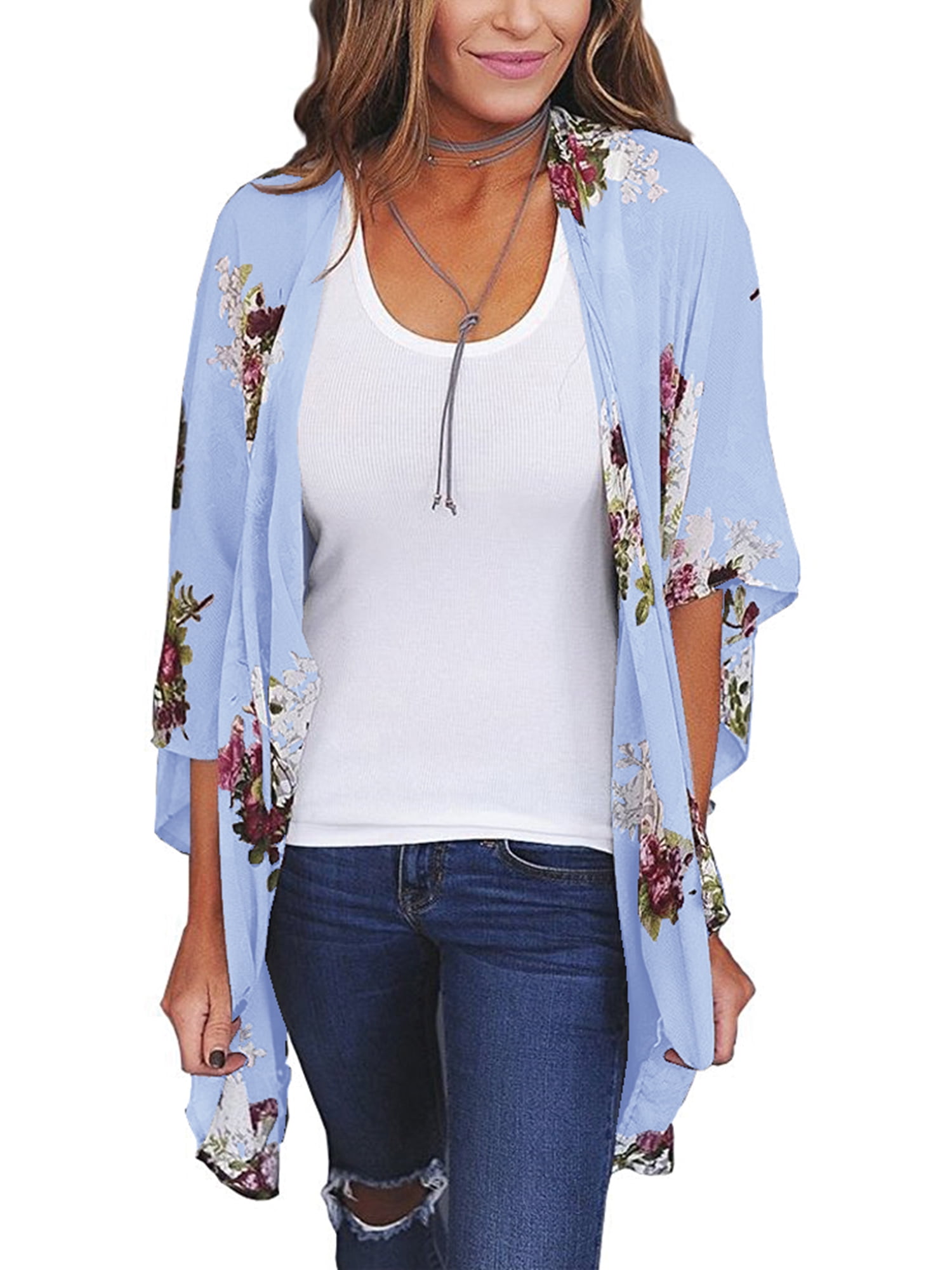 3/4 Sleeve Cardigan Tops for Women Summer Casual Beach Tunic Shirts Loose Fit Chiffon Comfy Blouses Tees