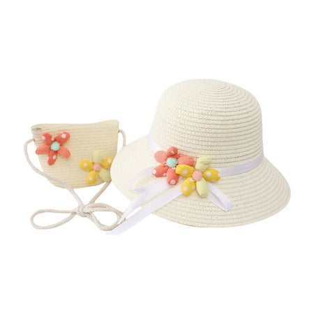 JAHH Straw Hat & Shoulder Bag Beach Set for Girls Kids  Wide Brim Sun Hat with Adjustable Chin Cord + Woven Tote Summer Outdoor Outfit Accessories