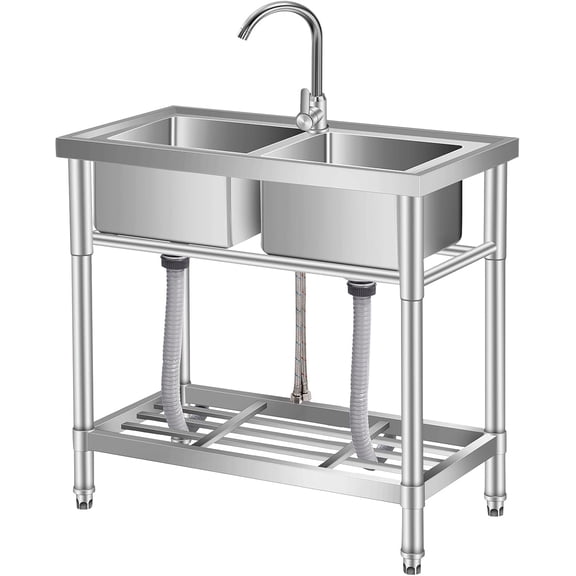 Stainless Steel Utility Sink, with Faucet, Legs, Cold and Hot Water Pipe, Heavy-Duty, Easy to Clean, for Laundry, Kitchen, Garage, Outdoor, Garden