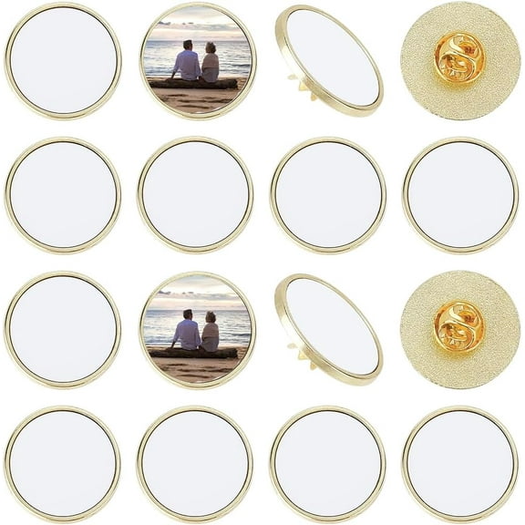 20 Sets 1 Inch Round Blank Pins Sublimation Blank Buttons Small Gold Alloy Disk Base Transfer Design Making Kits Team Party Decor Brooch Pin Bulk for Jewelry Making Lapel Supplies DIY Crafts