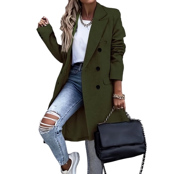 RXMEKW Wool Blend Coat for Women, Double Breasted Long Coat with Turndown Collar and Side Pockets, Fall and Winter Outerwear Jacket