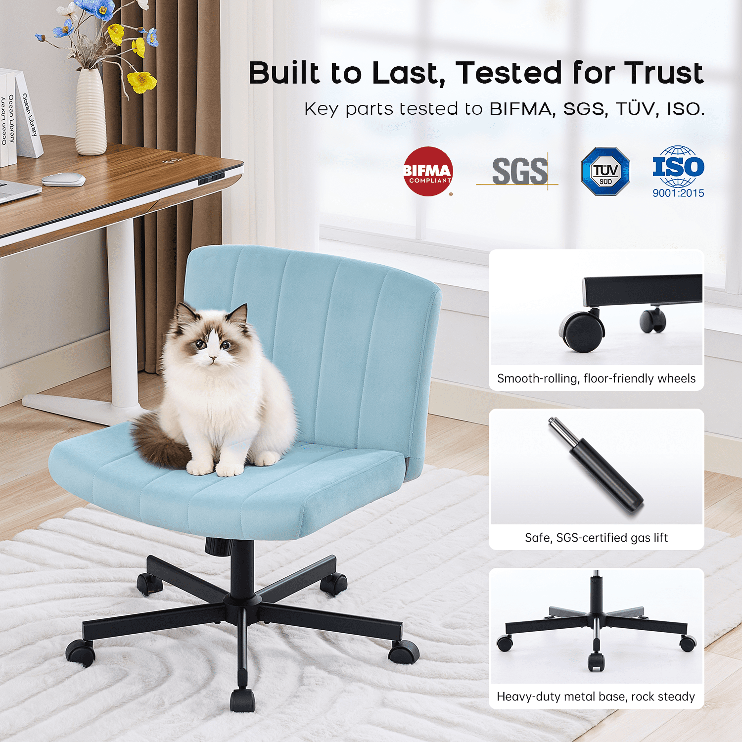 TMV Criss Cross Chair–Armless Office Chair, Fabric Padded Vanity Chair Computer Chair with Wheels, Wide Seat Swivel Desk Chair for Home Office，Pale Blue