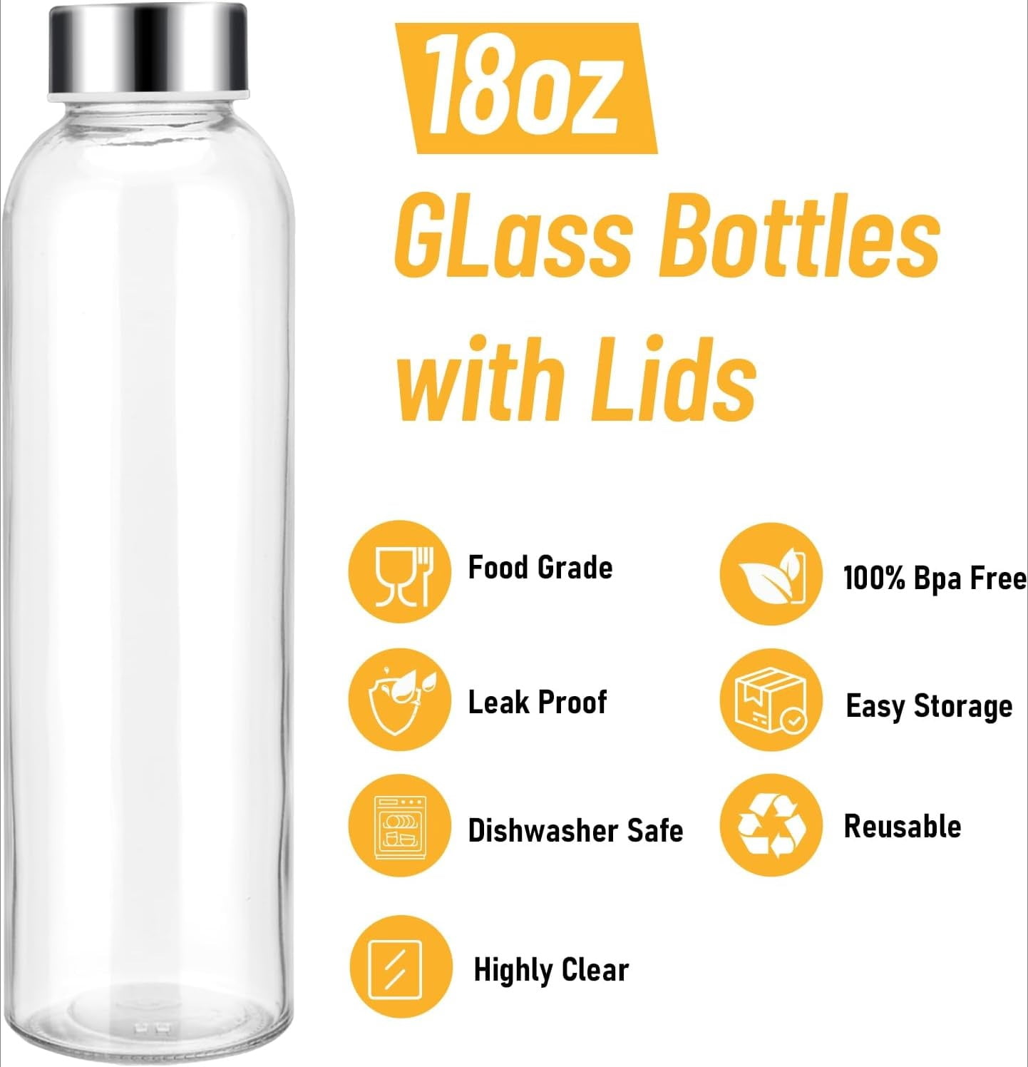 [12 Pack] 18 oz Glass Water Bottles with Lids, Juice Bottles, Clear glass juice bottle for juicing, Eco-Friendly Reusable Glass Juicing Bottles with Stainless Steel Lid, Free,Leak-Proof