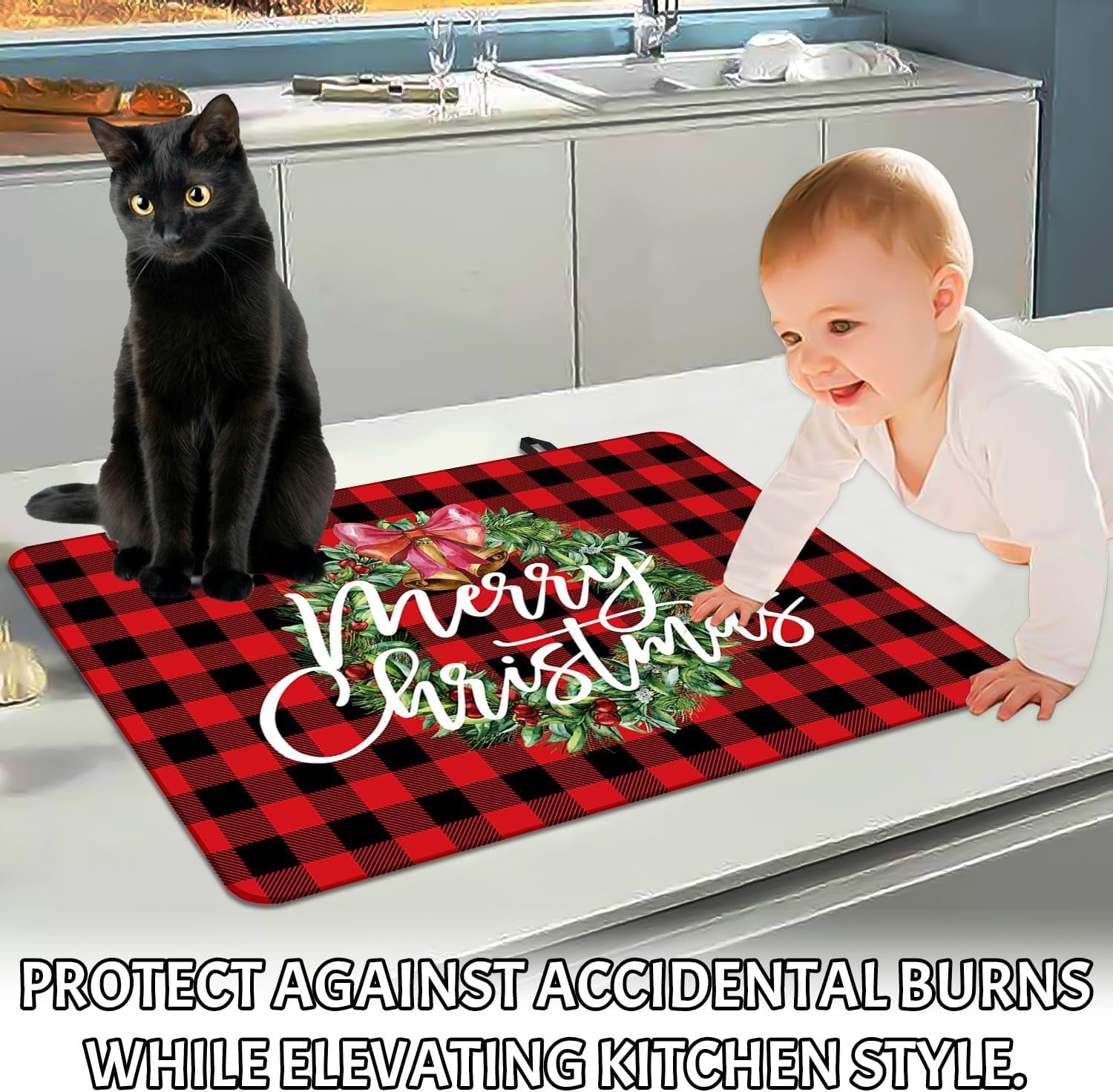 Christmas Stove Top Cover for Electric Stove, 20x28 In Red Plaid Stove Covers Xmas Stove Mat Winter Heat Resist Gas Range Mat Induction Kitchen Decor Cooktop Protector Pad