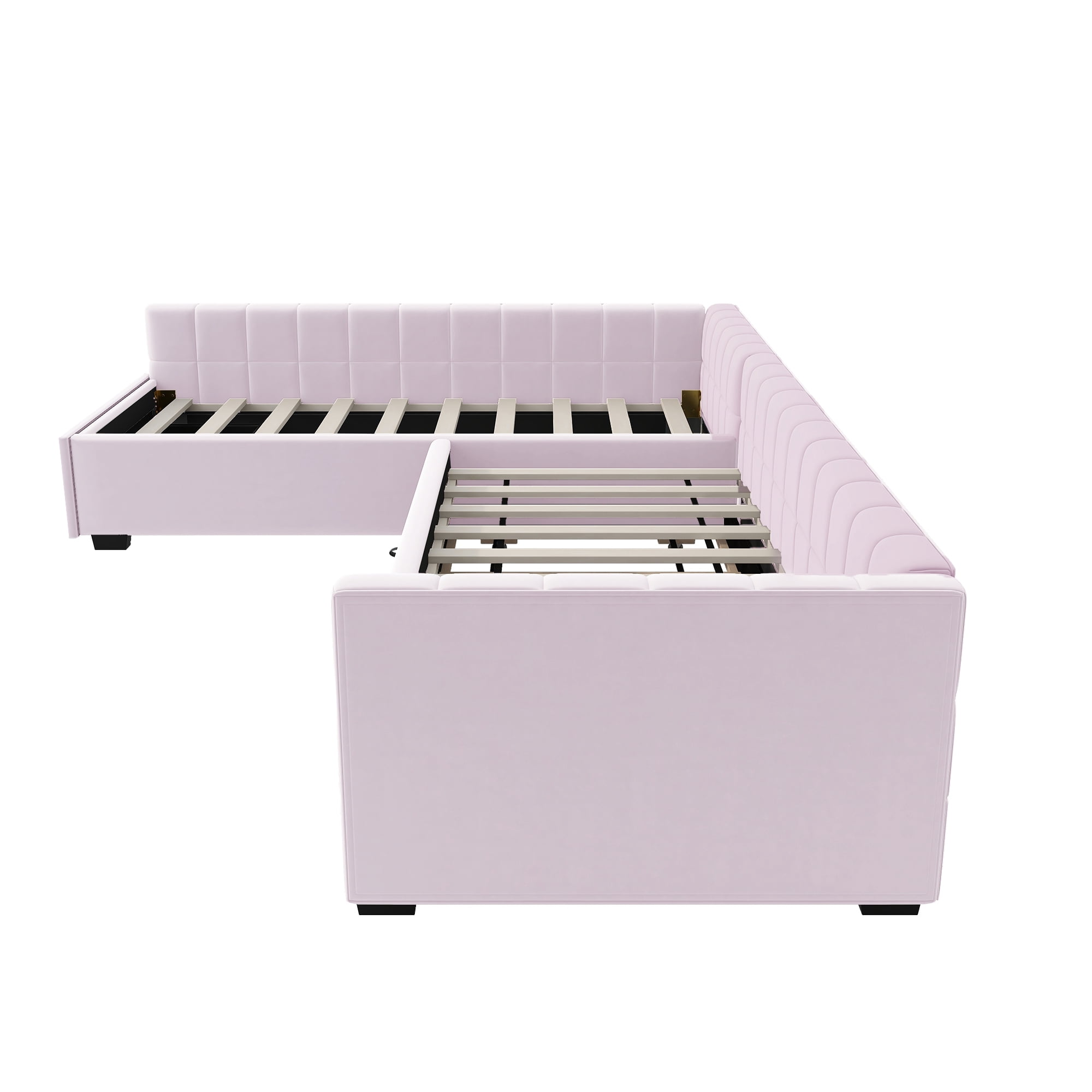 Euroco Upholstery L-Shaped Twin Platform Bed with Trundle and Drawer, 3 Beds in 1, No Spring Box Needed, Pink