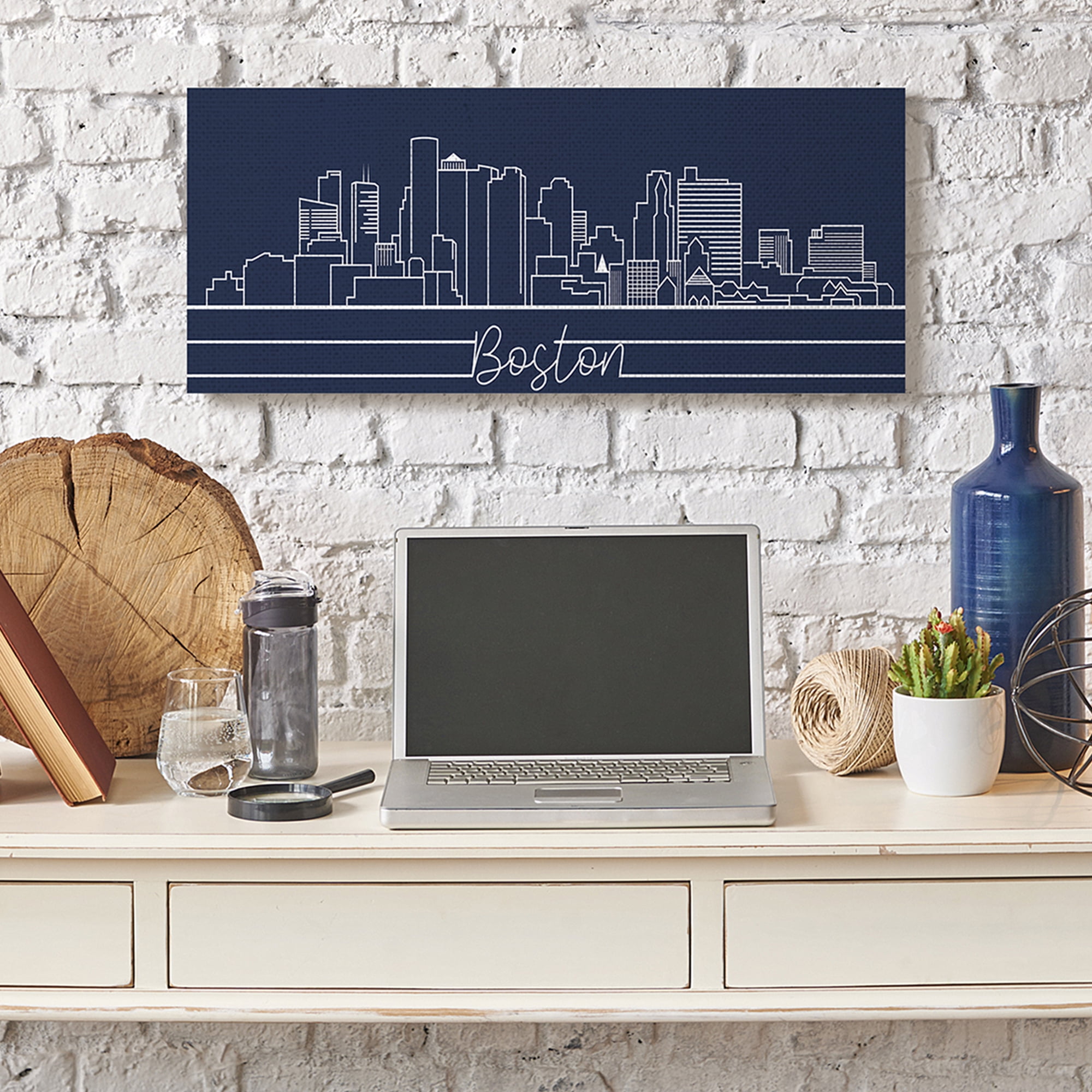 Stupell Industries Boston City Skyline Outline Deep Blue White Canvas Wall Art, 13 x 30, Design by Daphne Polselli