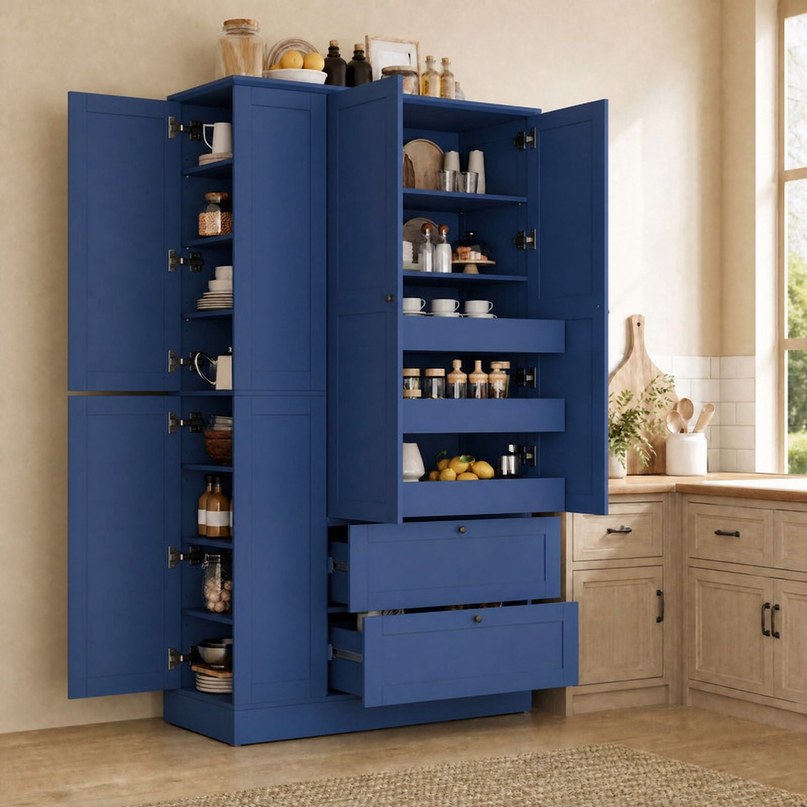 Versatile Kitchen Pantry with Shelves, Drawers, Pull-Out Trays & Side Storage Cabinets, Hutch Cupboard with Adjustable Shelf
