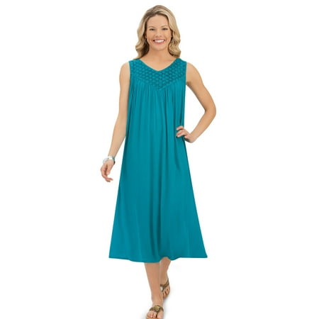 Trim Sleeveless Dress Women's Lace Trim Crinkled Sleeveless Rayon Summer Dress with V-Neckline, Large, Turquoise ()
