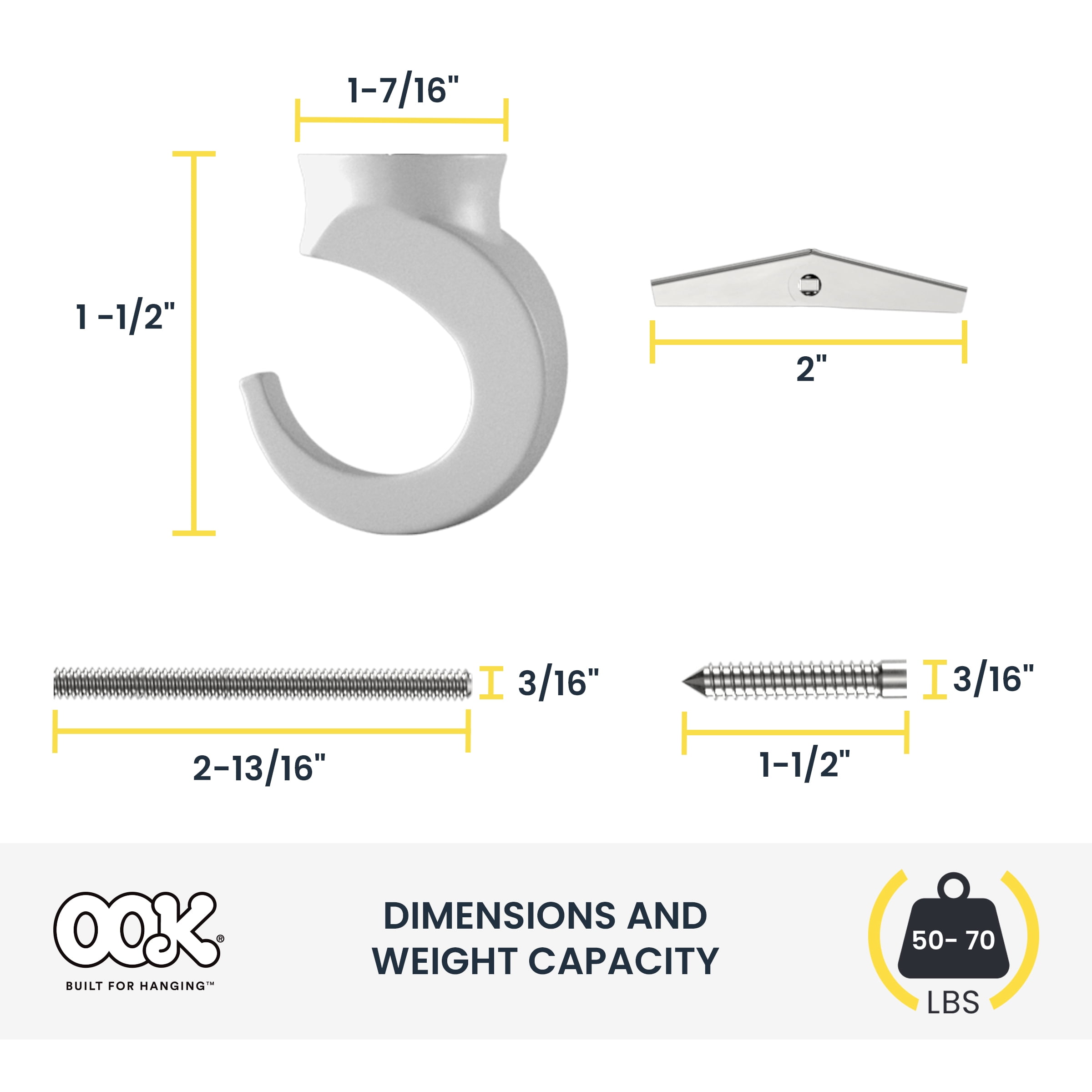 Ook Contemporary Swag Hook, Screw Hook 50 lbs, Steel, White, for Drywall and Wood, 1 pack