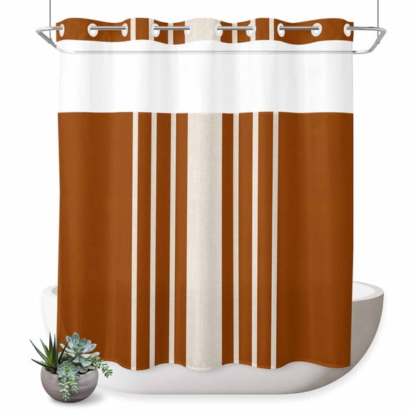 No Hook Shower Curtain, Burnt Orange Beige Striped Shower Curtains for Bathroom with See Through Top Window, Modern Farmhouse Retro Lines Waterproof & Washable Bath Curtain Long 72"x78"
