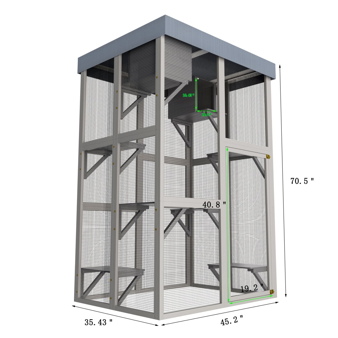 70.5'' Tall Wooden Outdoor Cat Enclosure, Gray Cat House Large Solid Wood Cage Playpen with 6 Jumping Platforms & 2 Napping Houses, Movable Tarp Cover