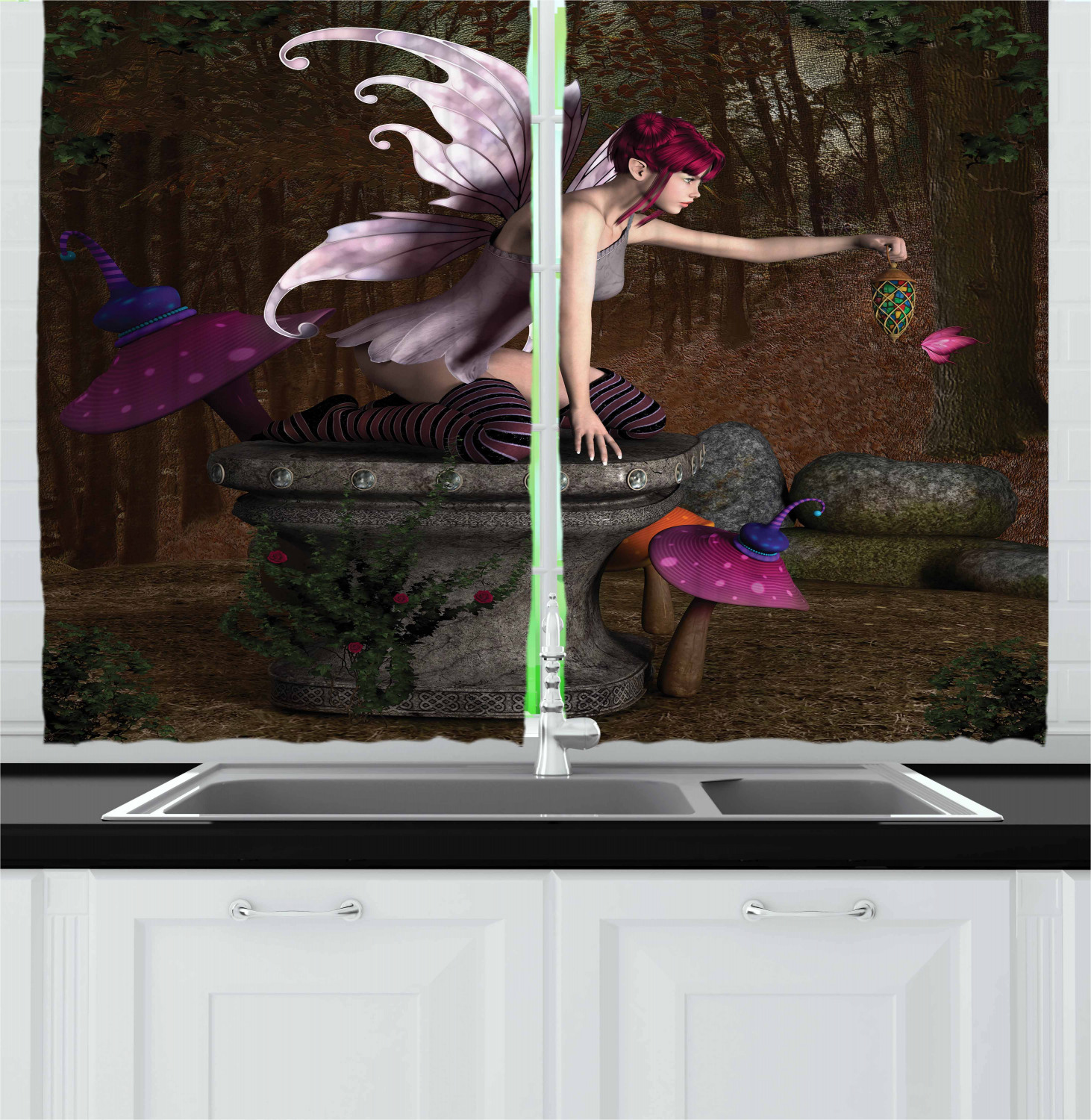 Fairy Curtains 2 Panels Set, Three Dimensional Mythical Creature Design