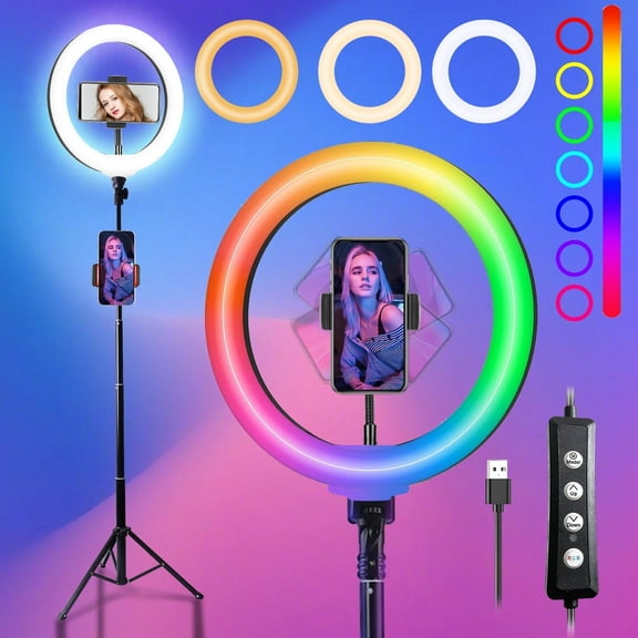 Zomei 10 inch LED RGB Selfie Ring Light Phone stand (52inch/1.3m) Video makeup scene with stand