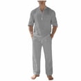 thumbnail image 2 of LEKWK Men Linen Sets Outfits 2 Piece Long Sleeve V Neck Casual Tops and Drawstring Elastic Waist Wide Leg Pants Summer Casual Beach Vacation Resort Outfits, 2 of 9