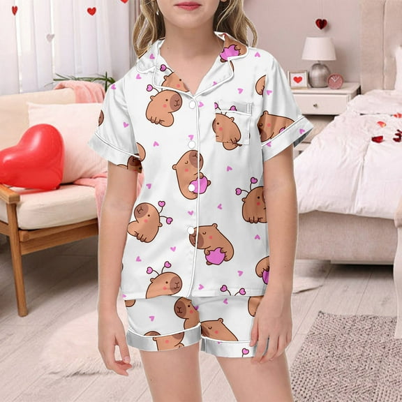 Girls Outfits Set Girls Summer Outfits Sets Short Sleeve Shorts Pajama Set Capybara Print Loose Fit Elastic Waist Comfortable Playwear For Outdoor Activities White 12-13 Years