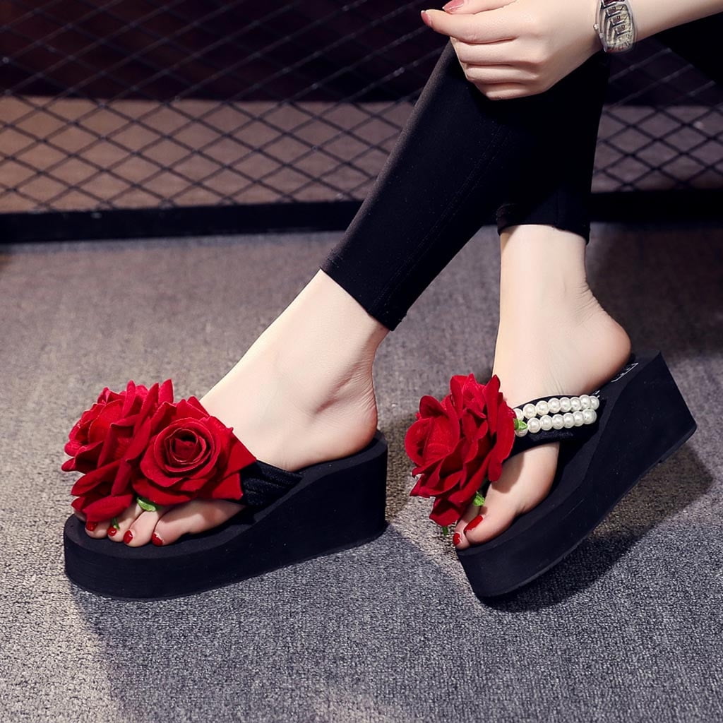Womens Open Toe Wedge High Heel Platform Pearl Flower Slippers Casual Shoes Size 