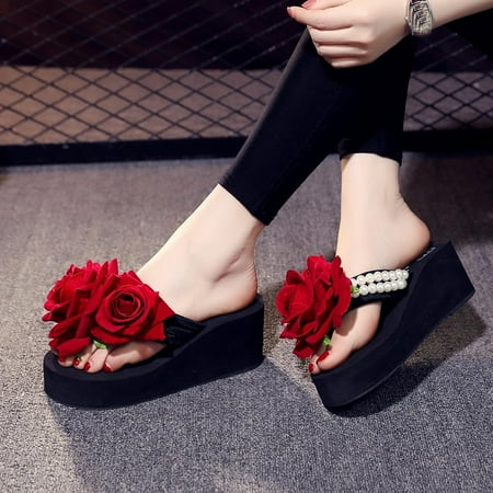 

VKEKIEO Round Toe House Slippers High Heel Platform Black